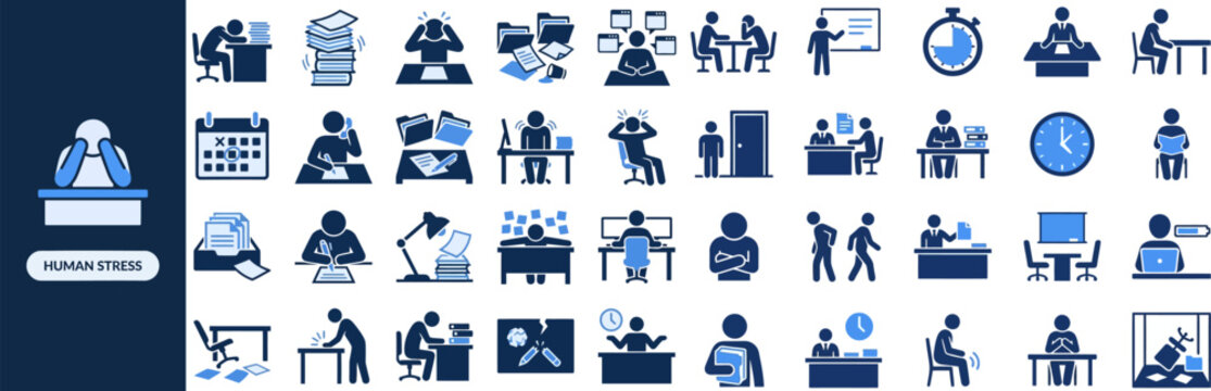 Human Stress and Burnout flat icon set. Featuring tired worker, anxiety face, overworked employee, headache, and exhaustion symbols. Editable stroke vector icons for mental health and wellness app.