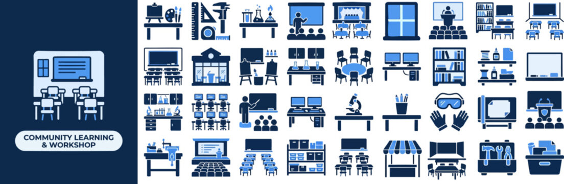 Community Classroom and Learning flat icon set. Featuring lecture hall, whiteboard, library shelf, study desk, and graduation cap symbols. Editable stroke vector icons for online course and education.