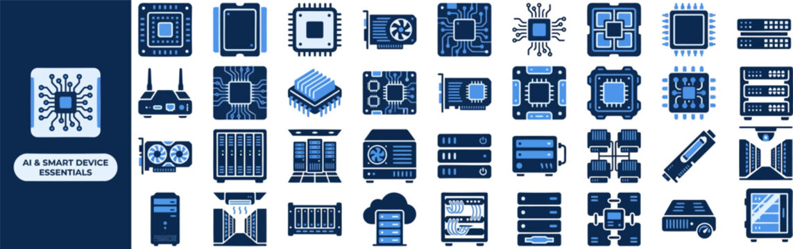 AI Smart Device and Chip flat icon set. Featuring circuit board, processor, motherboard, memory chip, and semiconductor symbols. Editable stroke vector icons for hardware catalog and electronics.