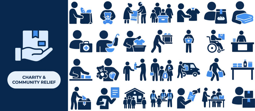 Charity and Community Aid flat icon set. Featuring volunteer, donation box, food package, helping hand, and fundraiser symbols. Editable stroke vector icons for nonprofit and humanitarian campaign.