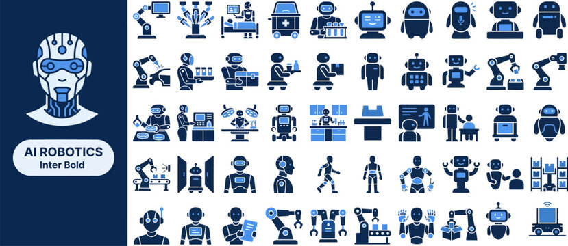 AI Robotics Automation flat icon set. Featuring humanoid robot, mechanical arm, smart sensor, processor chip, and assembly symbols. Editable stroke vector icons for robotics and automation.