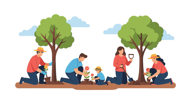 Flat design illustration of diverse people interacting in a professional office setting, minimalist vector graphics with clean lines and vibrant colors for web and digital media.