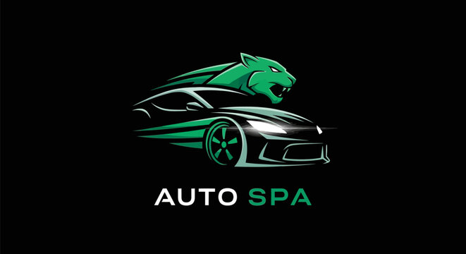 Sleek sports car with a powerful green jaguar logo for Auto Spa branding.