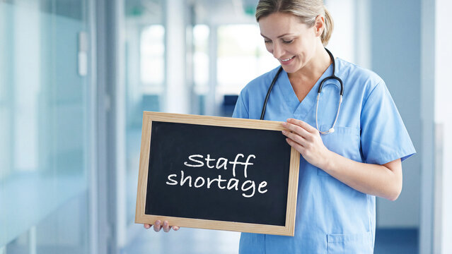 Smiling healthcare worker in scrubs holding a chalkboard with staff shortage text, nurse staff smiling with a message sign in hospital corridor, workforce healthcare medical issue concept