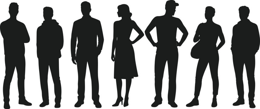Group of people standing pitch black solid silhouette cad drawing flat vector illustration diverse men and women isolated on white.