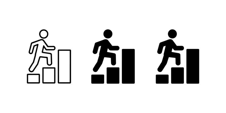 Set of human icons showing a person climbing up a bar chart graph representing business growth success and career development progress in black Vector, illustration