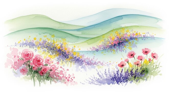 Watercolor painting of a rolling landscape with vibrant wildflowers and roses isolated on white background