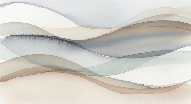 Abstract watercolor painting with soft flowing waves in neutral earth tones and muted blue
