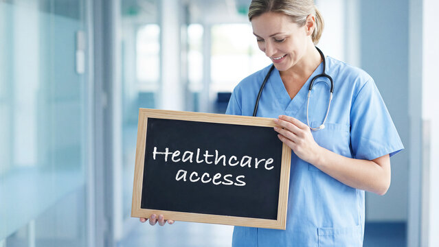 Healthcare access message held by nurse in hospital hallway, medical professional smiling while promoting inclusive services, healthcare availability awareness concept
