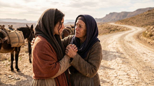 Biblical scene of Ruth pledging loyalty to Naomi, emotionally powerful moment, ancient Near East