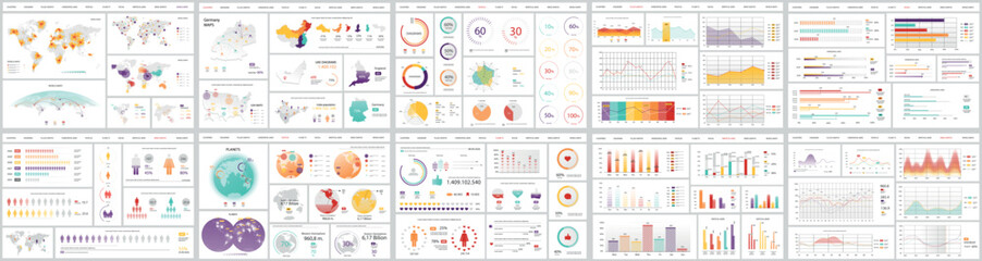 Plakat Mega set of infographic elements data visualization vector design template. Includes social media, business process, people, workflow, diagram, flowchart, timeline, marketing. Bundle info graphics.