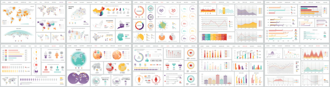 Mega set of infographic elements data visualization vector design template. Includes social media, business process, people, workflow, diagram, flowchart, timeline, marketing. Bundle info graphics.