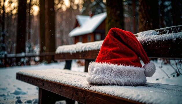 Red Santa hat resting on a wooden bench covered in snow