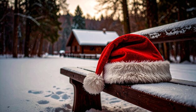 Red Santa hat resting on a wooden bench covered in snow