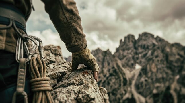 Mountain climber facing tall peak in cold weather concept. Adventurer grips rocky cliff during an exhilarating mountain climb.