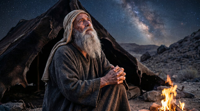 Abraham in contemplation, faithful and serene, gazing at the stars, wilderness backdrop