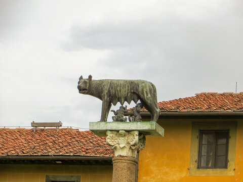 Pisa, Italy - October 2012: The Capitoline Wolf is a bronze sculpture of the mythical she-wolf suckling the twins, Romulus and Remus, from the legend of the founding of Rome.