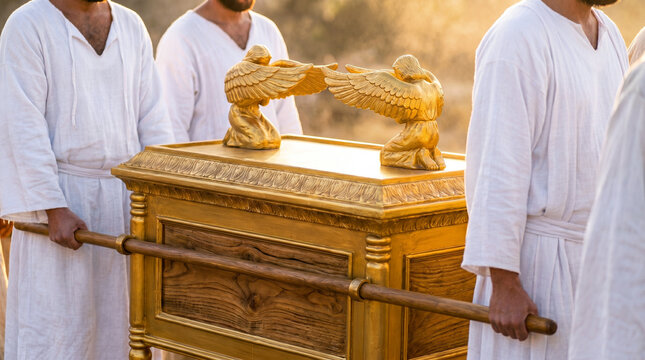 Levites in ceremonial robes carrying the Ark of the Covenant in strong golden sunlight