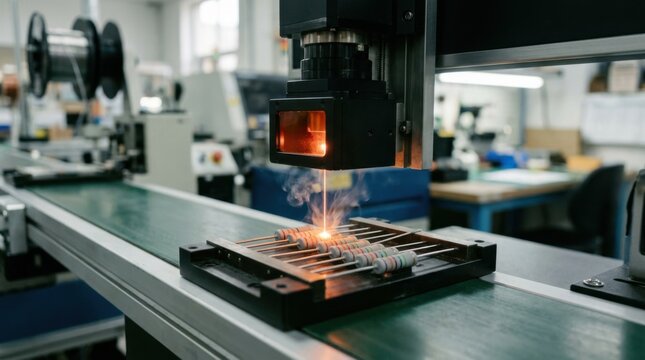 Medium shot revealing laser etching equipment engraving detailed color band markings on resistors emphasizing highprecision and durable identification in electronic component