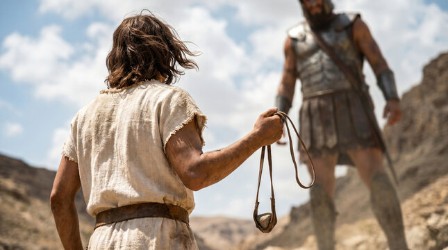David facing Goliath, dramatic tension, biblical scene, desert backdrop