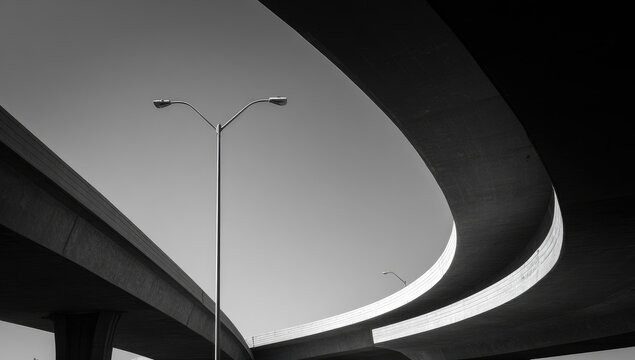 Stark, minimalist black and white, curving concrete architecture and a single lamp post