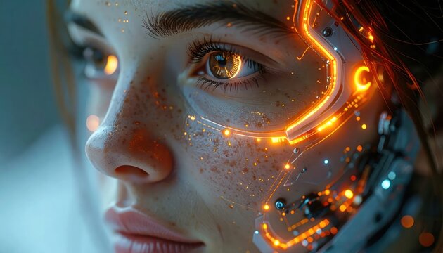 Futuristic Young Cyborg Woman Gazing Forward in Neon Lit Sci Fi Close Up