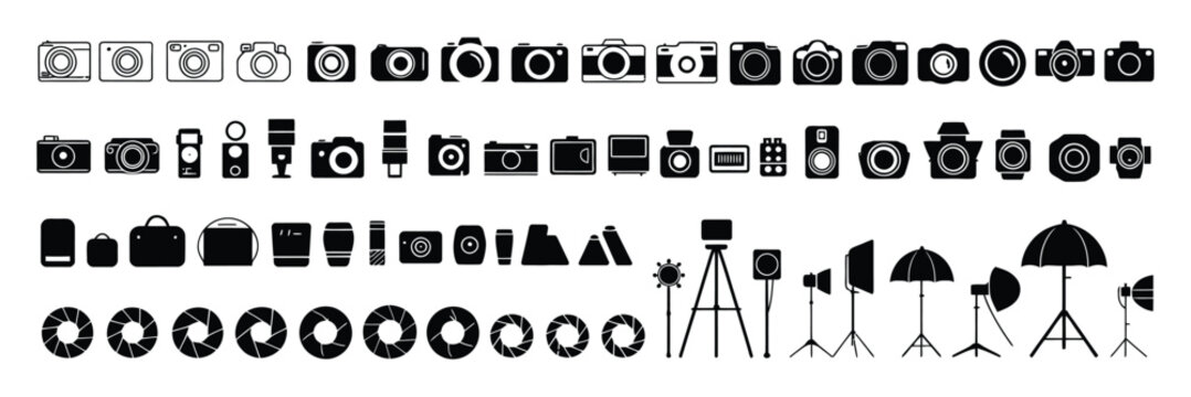 Photo camera icon set with photo sign, studio symbol, focus mark, and session logo vector illustration