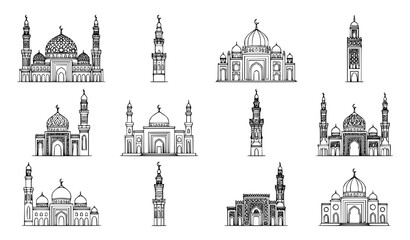 Ramadan and Eid elegant mosque architecture vector set with intricate geometric dome and minaret patterns in black line art © Mdsahag
