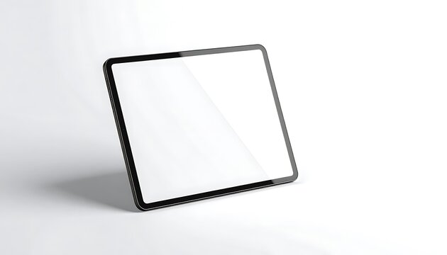 Modern tablet device with blank screen angled on a seamless white background, perfect for digital mockups and app presentations