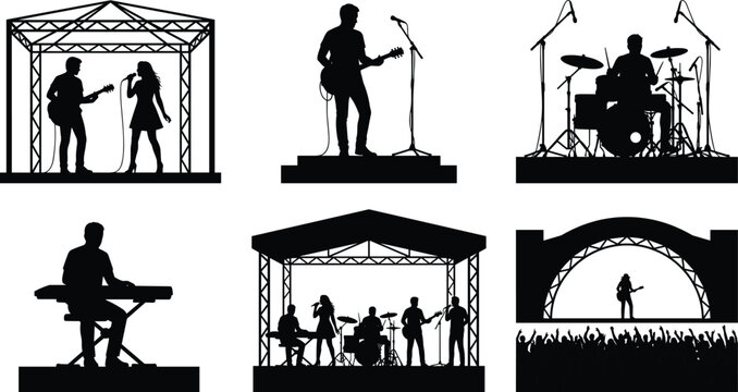 Live Music Band Performance Silhouettes with Concert Stage and Musicians Vector Illustration Collection