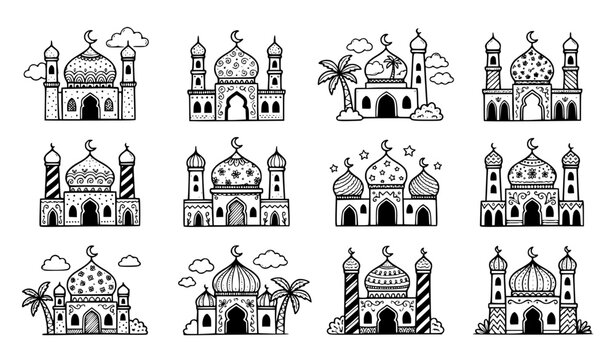 Whimsical doodle Ramadan mosque vector collection with cute hand drawn masjid and playful star cloud sketches