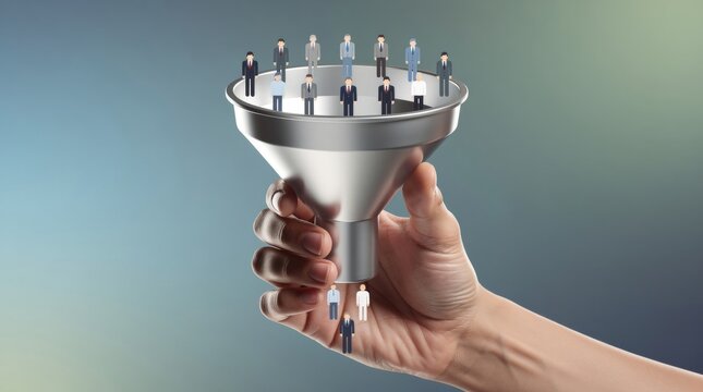 Hand holding a funnel with people being filtered