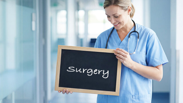 Smiling nurse in scrubs holding a small chalkboard with the word surgery, health care professional in medical facility environment, medical workplace preparation concept