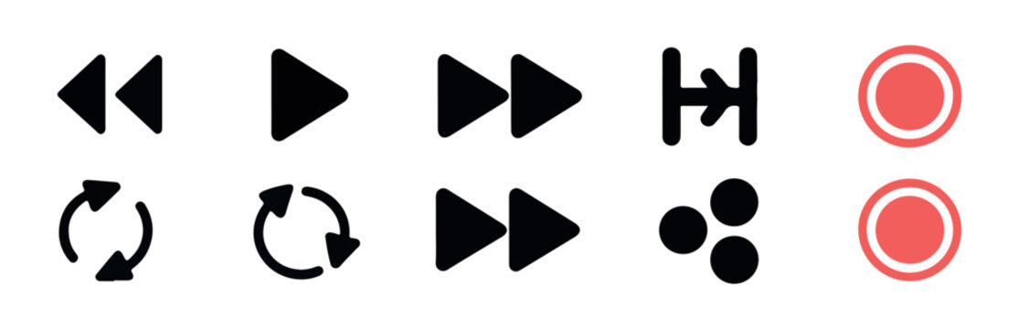 Set of media control icons including rewind fast forward loop and record buttons for digital video interface.