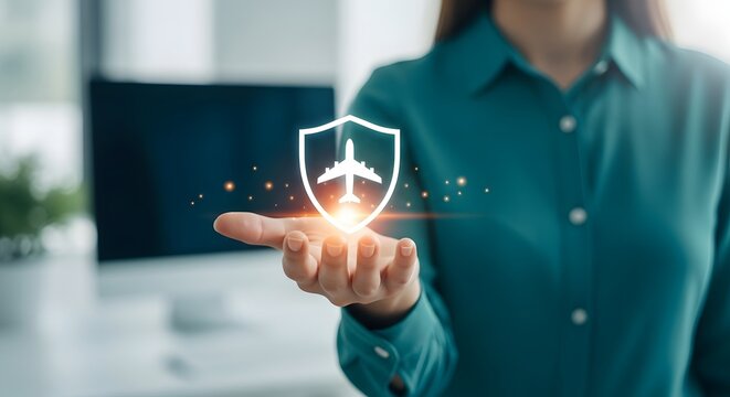 Travel insurance concept woman holding glowing airplane shield icon