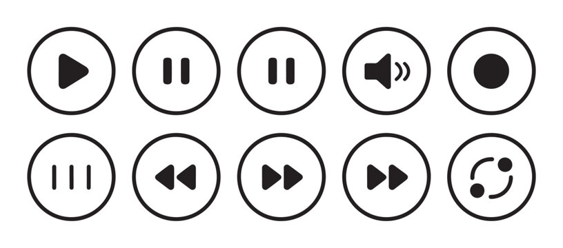 Collection of circular control buttons containing play pause sound mute volume skip and sync interface symbols.
