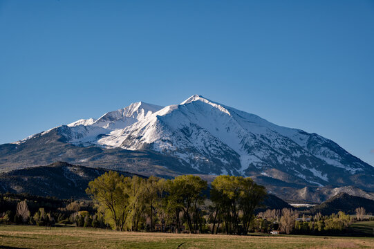 Snow-covered Mount Sopris near Carbondale, Colorado under clear blue early morning sky.