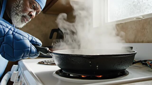 Elderly African American man cooking on a stovetop with steam rising from a pan.