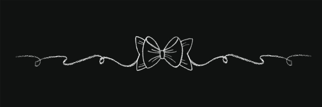 Chalk coquette bow on ribbon banner. Hand drawn vector illustration isolated on black chalkboard background for design template wedding, Birthday, Christmas decoration or discount, sale.