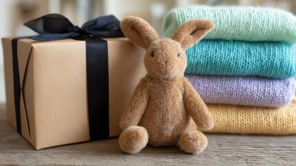 Fototapeta premium a close up, eye level, studio shot shows a soft, brown, plush bunny sitting on a tan gift box with a black ribbon tied in a bow. behind the bunny