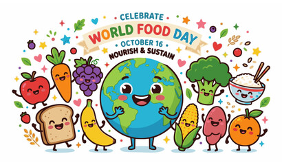 Fototapeta premium Cute World Food Day social media banner with smiling globe and healthy food cartoon vector illustration