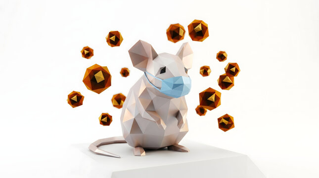 low poly mouse wearing face mask with virus particles