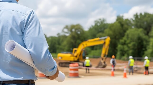 Construction site with engineer holding blueprints and workers in background