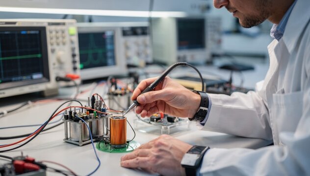 Medium shot of a researcher measuring electrical resistance in a low ESR capacitor utilizing solidstate conductive polymer electrolytes for enhanced energy efficiency.
