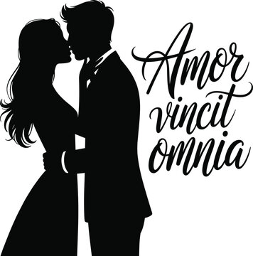 Romantic kissing couple with Amor Vincit Omnia latin text quote cad drawing flat vector illustration pitch black solid silhouette, set.