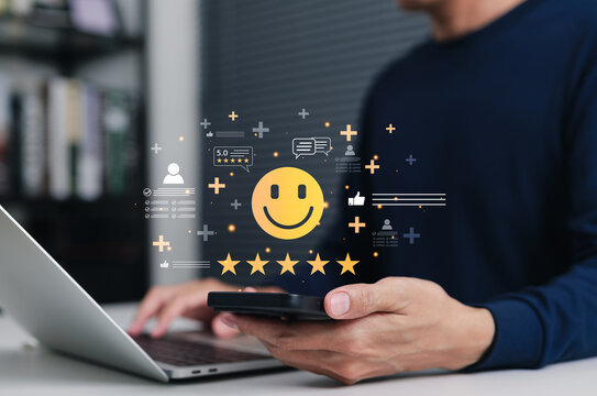 Customer satisfaction rating and online review feedback concept. Person using phone with smile face, five star score, comments, likes, survey, service evaluation, user experience, digital engagement