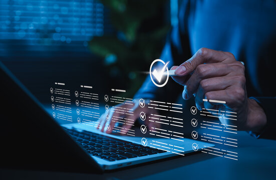 Online assessment and survey concept. Person using pen to select virtual checklist answer. digital questionnaire, online test, exam, quiz, feedback form, evaluation, data collection, task verification