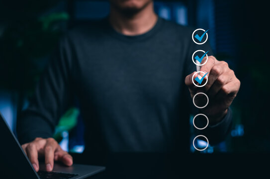 Digital checklist completion and task progress verification concept. Person selecting virtual check marks. online form approval, workflow tracking, quality control, task management, productivity,