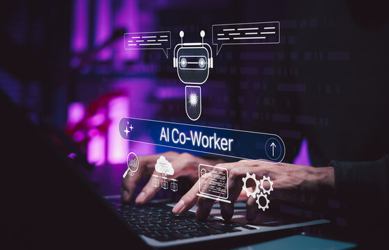 AI co-worker assistant and workplace automation concept. Person using laptop with chatbot, prompt bar, cloud, analytics, coding and gear icons. Intelligent task support, digital workflow, productivity