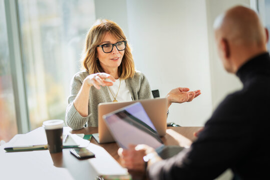 Professional business meeting between mature female executive and male colleague in modern office